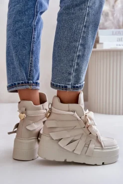 Skórzane Sneakersy Damskie Na Masywnej Platformie CheBello 4561 Beżowe