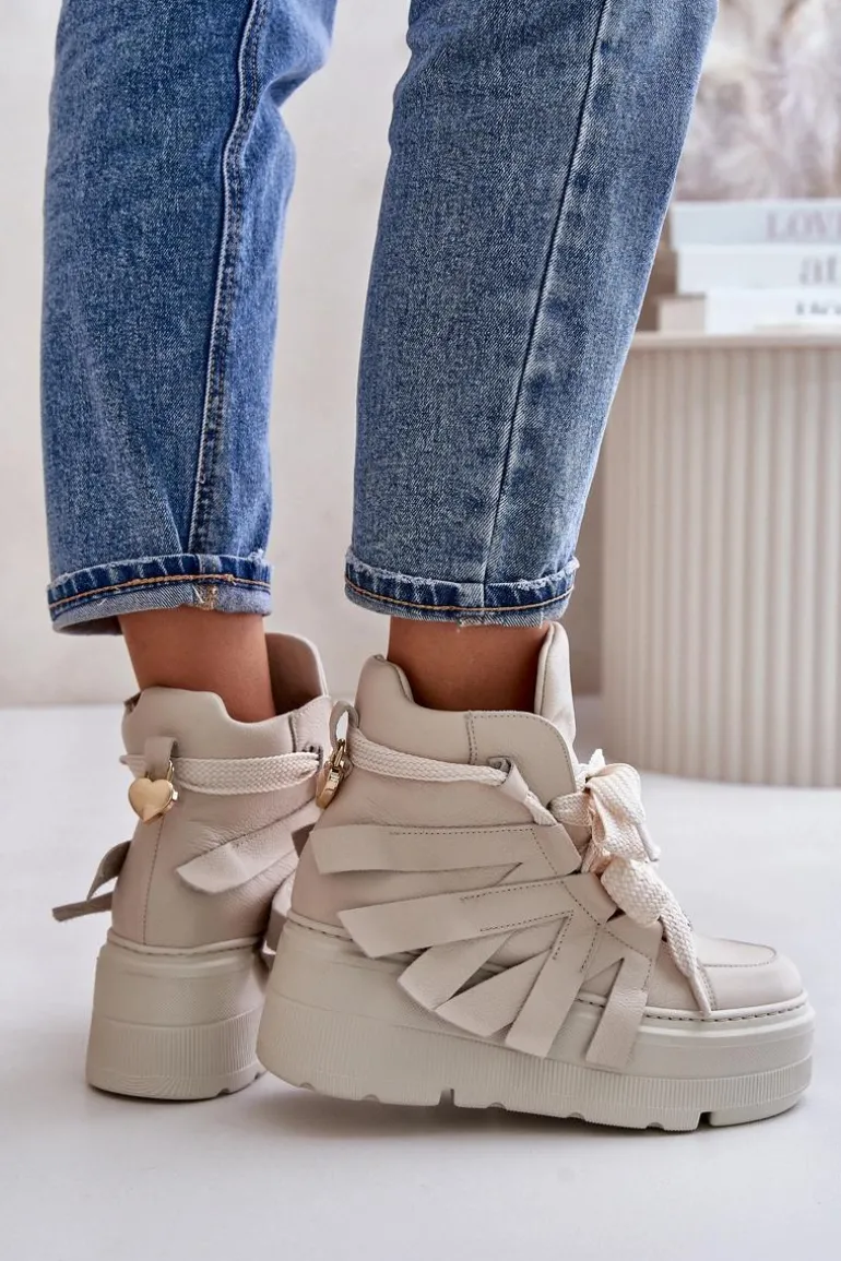 Skórzane Sneakersy Damskie Na Masywnej Platformie CheBello 4561 Beżowe