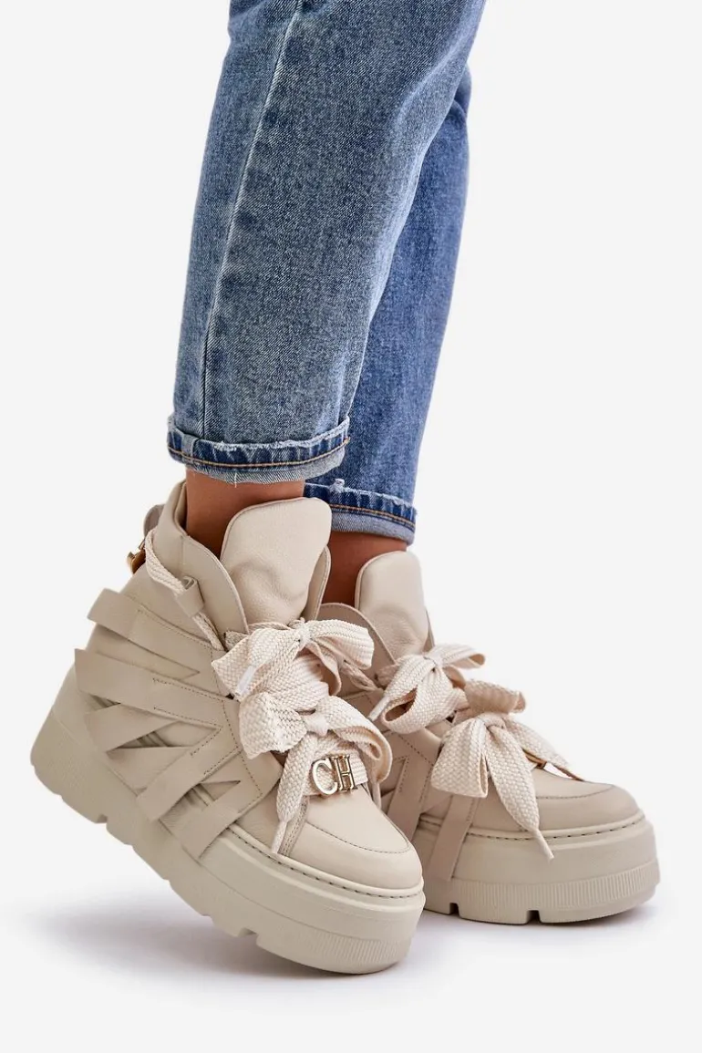 Skórzane Sneakersy Damskie Na Masywnej Platformie CheBello 4561 Beżowe