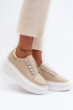 Skórzane Sneakersy Damskie Na Masywnej Platformie Beżowe S.Barski LR628