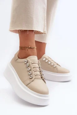 Skórzane Sneakersy Damskie Na Masywnej Platformie Beżowe S.Barski LR628