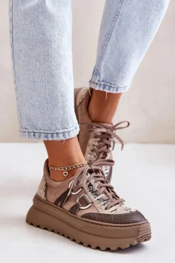 Skórzane Sneakersy Damskie Na Platformie Maciejka 06562-10 Ciemnobeżowe
