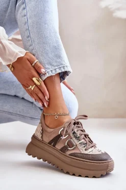 Skórzane Sneakersy Damskie Na Platformie Maciejka 06562-10 Ciemnobeżowe