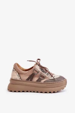 Skórzane Sneakersy Damskie Na Platformie Maciejka 06562-10 Ciemnobeżowe