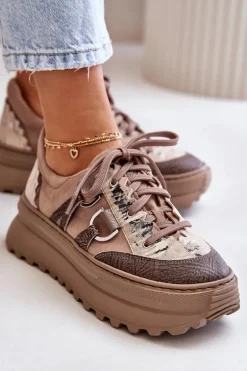 Skórzane Sneakersy Damskie Na Platformie Maciejka 06562-10 Ciemnobeżowe