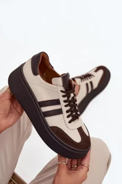 Skórzane Sneakersy Damskie Na Platformie Zazoo 3775 Beżowo-Czekoladowe