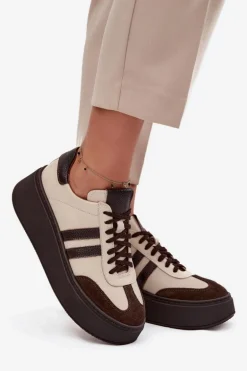 Skórzane Sneakersy Damskie Na Platformie Zazoo 3775 Beżowo-Czekoladowe