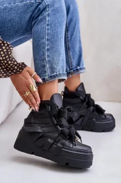 Skórzane Sneakersy Damskie Na Masywnej Platformie CheBello 4561 Czarne