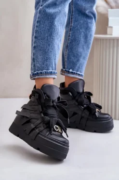 Skórzane Sneakersy Damskie Na Masywnej Platformie CheBello 4561 Czarne