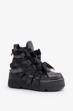 Skórzane Sneakersy Damskie Na Masywnej Platformie CheBello 4561 Czarne
