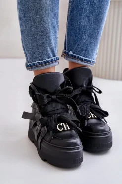 Skórzane Sneakersy Damskie Na Masywnej Platformie CheBello 4561 Czarne