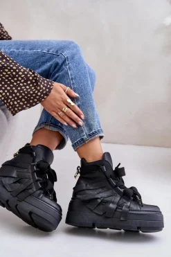 Skórzane Sneakersy Damskie Na Masywnej Platformie CheBello 4561 Czarne