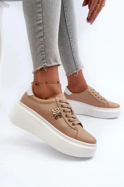 Skórzane Sneakersy Damskie Na Platformie Brązowe Pernalia