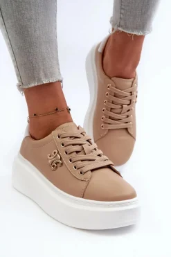 Skórzane Sneakersy Damskie Na Platformie Brązowe Pernalia