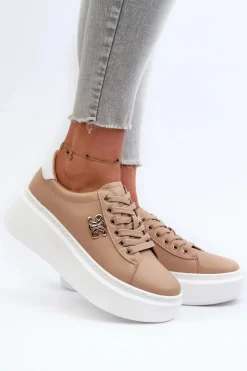 Skórzane Sneakersy Damskie Na Platformie Brązowe Pernalia