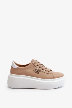 Skórzane Sneakersy Damskie Na Platformie Brązowe Pernalia