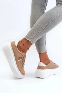 Skórzane Sneakersy Damskie Na Platformie Brązowe Pernalia