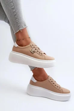Skórzane Sneakersy Damskie Na Platformie Brązowe Pernalia