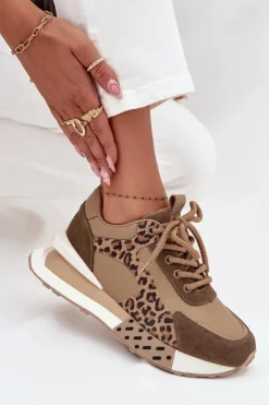 Skórzane Sneakersy Damskie Na Platformie Panterka Artiker 55C0089 Brązowe