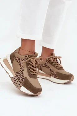 Skórzane Sneakersy Damskie Na Platformie Panterka Artiker 55C0089 Brązowe