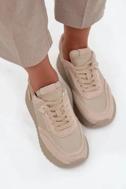 Skórzane Sneakersy Damskie Na Platformie Artiker 55C0021 Beżowe