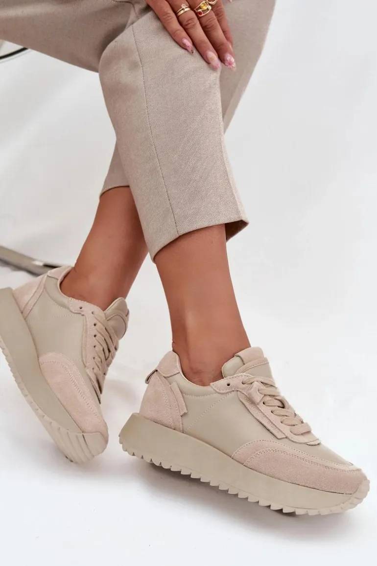 Skórzane Sneakersy Damskie Na Platformie Artiker 55C0021 Beżowe