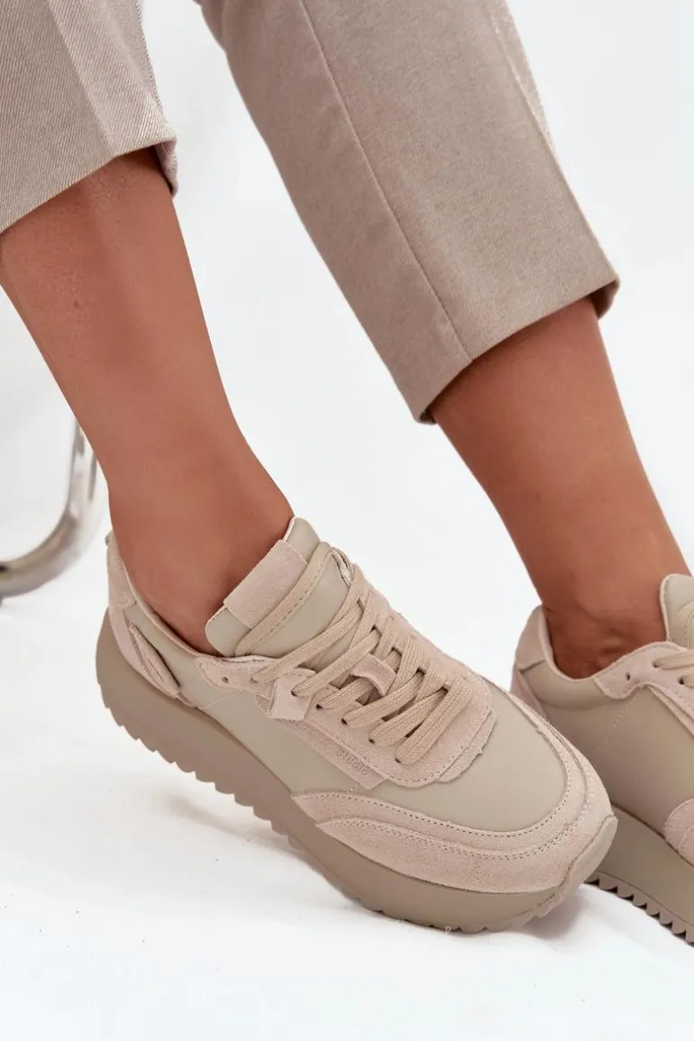 Skórzane Sneakersy Damskie Na Platformie Artiker 55C0021 Beżowe