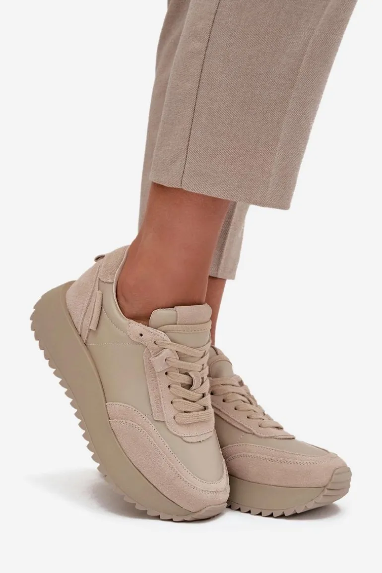 Skórzane Sneakersy Damskie Na Platformie Artiker 55C0021 Beżowe