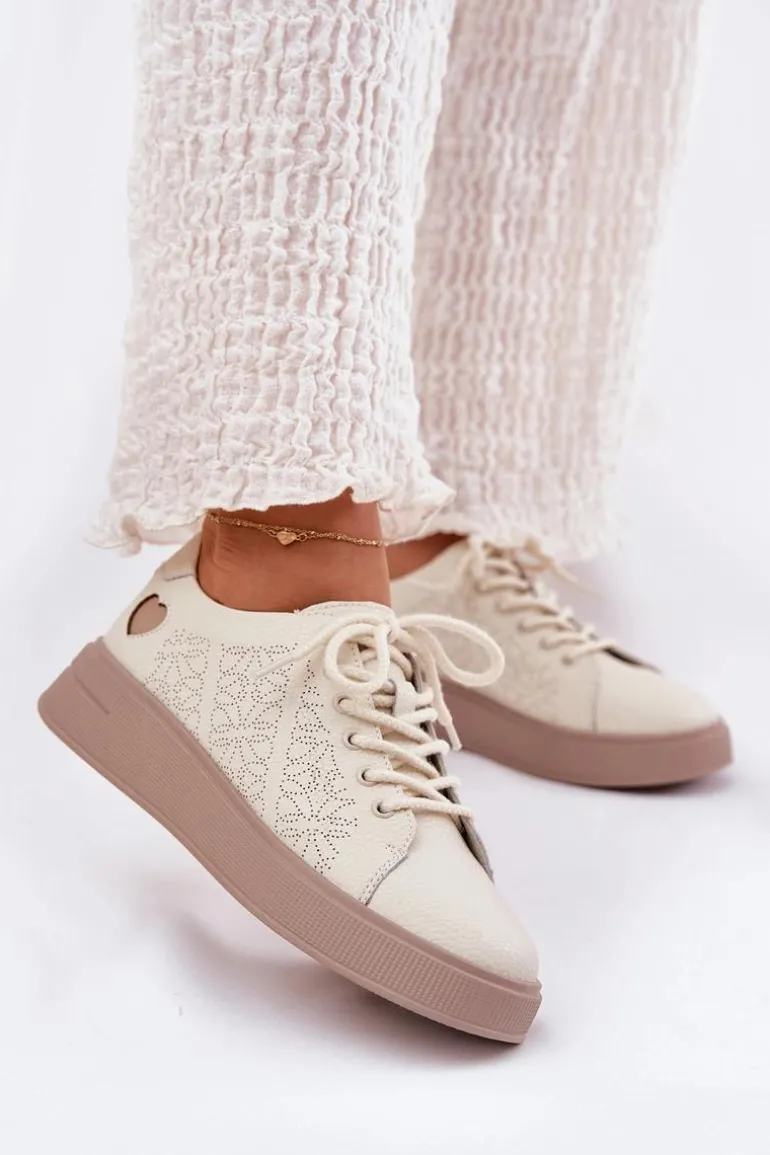 Skórzane Sneakersy Damskie Na Platformie Vinceza 88018 Beżowe