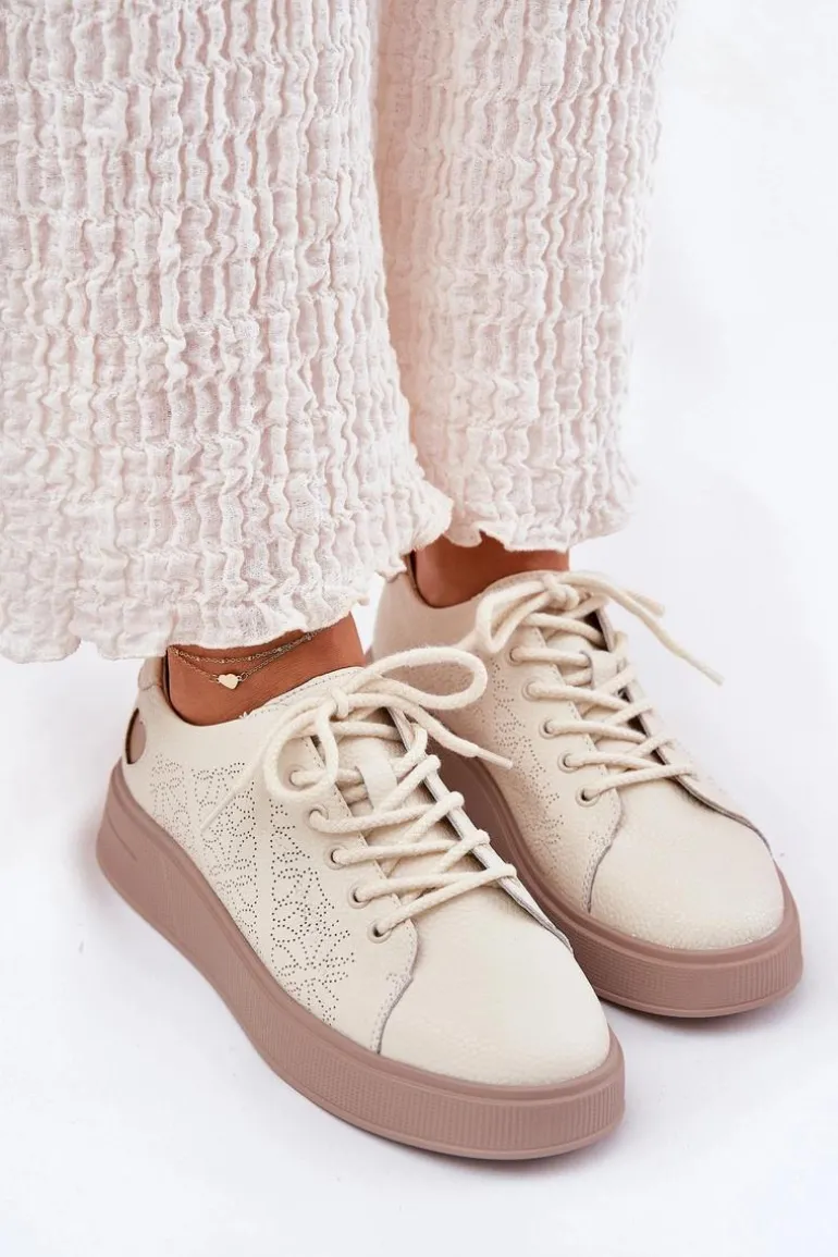 Skórzane Sneakersy Damskie Na Platformie Vinceza 88018 Beżowe