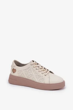 Skórzane Sneakersy Damskie Na Platformie Vinceza 88018 Beżowe