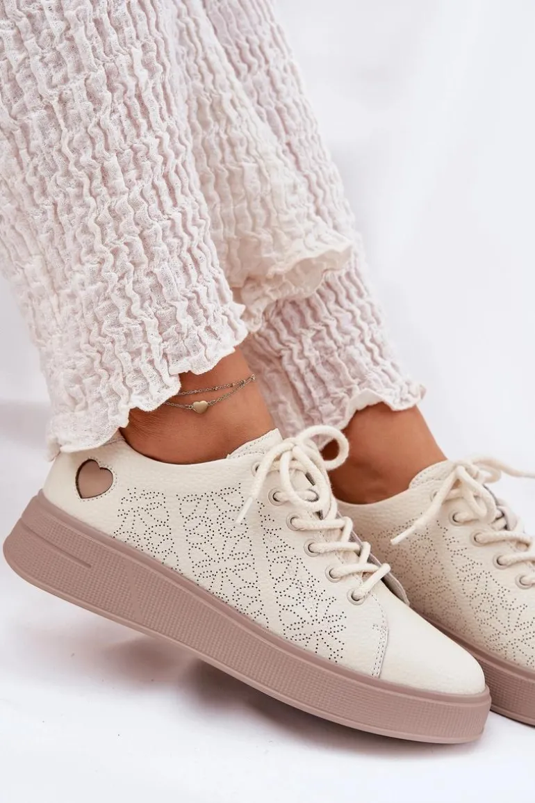Skórzane Sneakersy Damskie Na Platformie Vinceza 88018 Beżowe