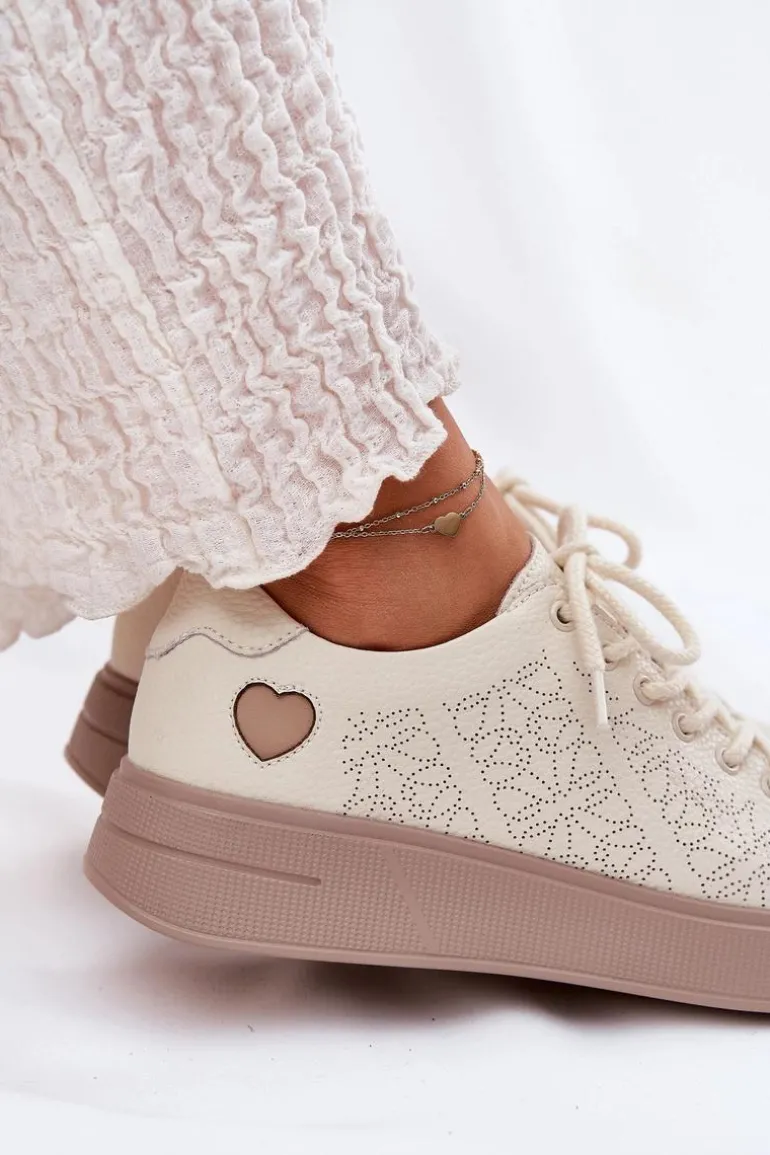 Skórzane Sneakersy Damskie Na Platformie Vinceza 88018 Beżowe