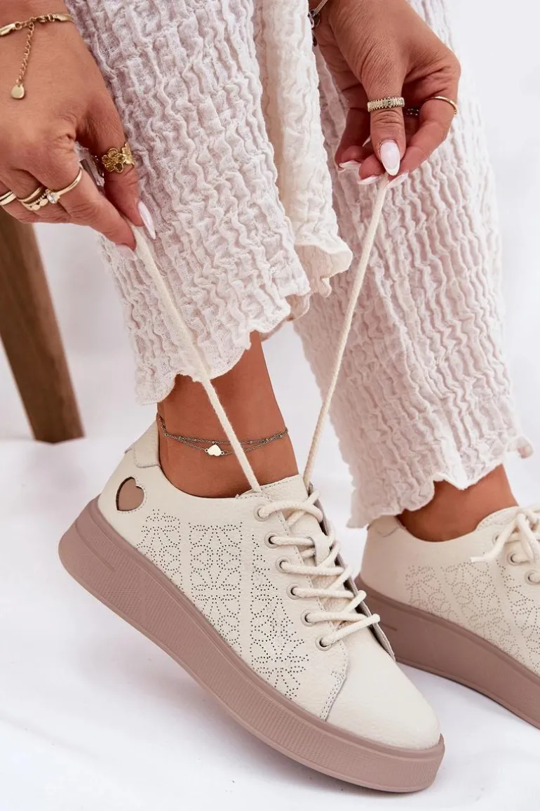 Skórzane Sneakersy Damskie Na Platformie Vinceza 88018 Beżowe