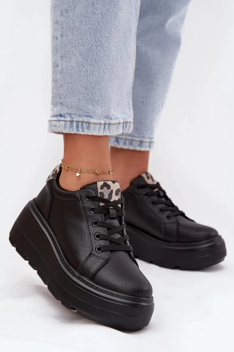 Skórzane Sneakersy Damskie Na Platformie Panterka Vinceza 89144 Czarne