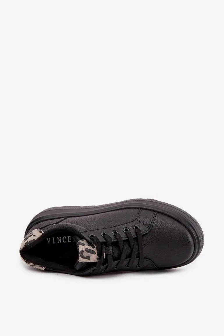 Skórzane Sneakersy Damskie Na Platformie Panterka Vinceza 89144 Czarne