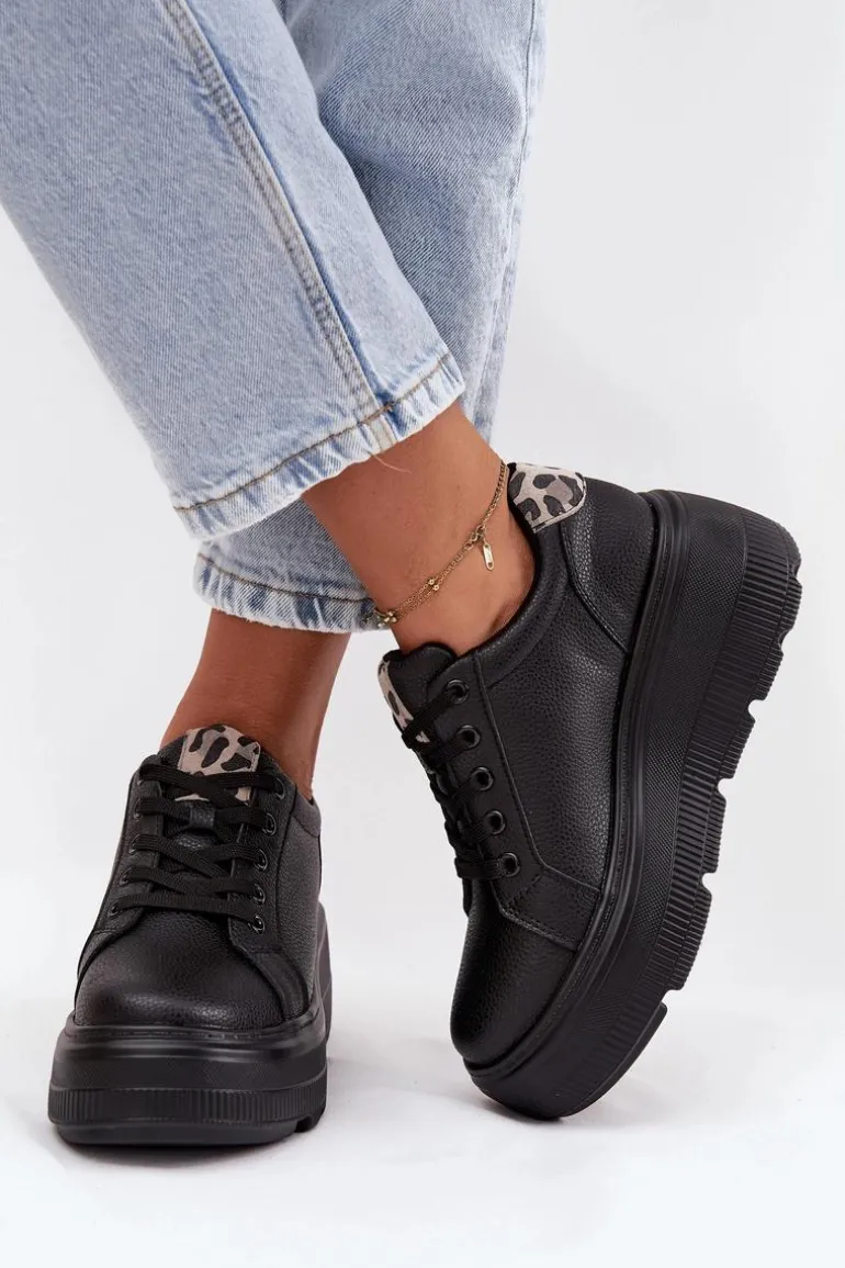 Skórzane Sneakersy Damskie Na Platformie Panterka Vinceza 89144 Czarne