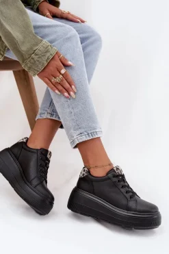 Skórzane Sneakersy Damskie Na Platformie Panterka Vinceza 89144 Czarne