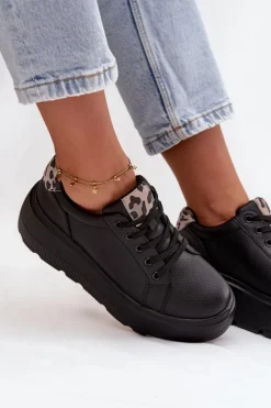 Skórzane Sneakersy Damskie Na Platformie Panterka Vinceza 89144 Czarne