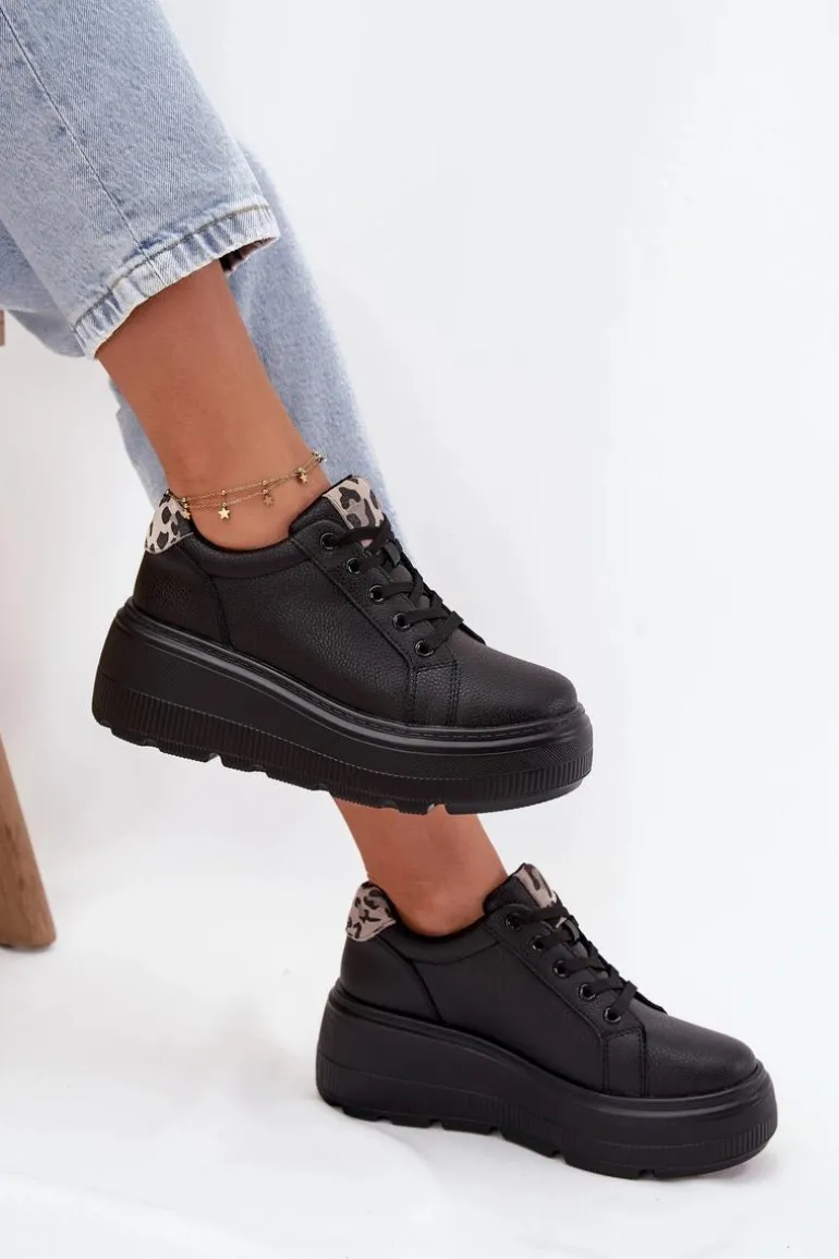 Skórzane Sneakersy Damskie Na Platformie Panterka Vinceza 89144 Czarne
