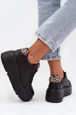 Skórzane Sneakersy Damskie Na Platformie Panterka Vinceza 89144 Czarne