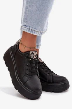 Skórzane Sneakersy Damskie Na Platformie Panterka Vinceza 89144 Czarne