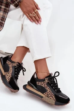 Skórzane Sneakersy Damskie Na Platformie Panterka Artiker 55C0134 Czarne