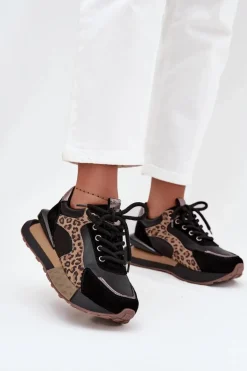 Skórzane Sneakersy Damskie Na Platformie Panterka Artiker 55C0134 Czarne