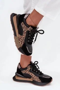 Skórzane Sneakersy Damskie Na Platformie Panterka Artiker 55C0134 Czarne