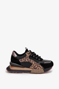 Skórzane Sneakersy Damskie Na Platformie Panterka Artiker 55C0134 Czarne