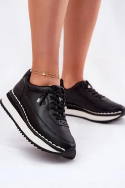 Skórzane Sneakersy Damskie Na Platformie Big Star RR274A335 Czarne