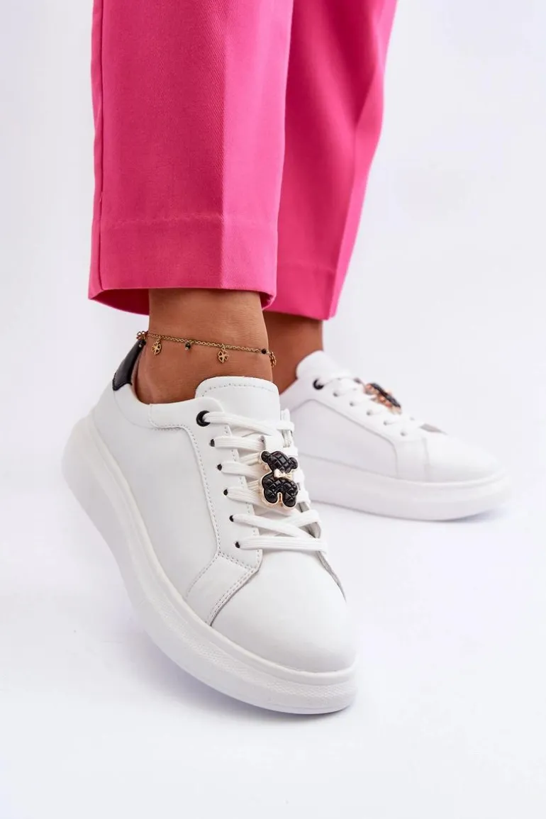 Skórzane Sneakersy Damskie Z Misiem Białe Mirven