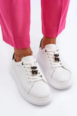 Skórzane Sneakersy Damskie Z Misiem Białe Mirven