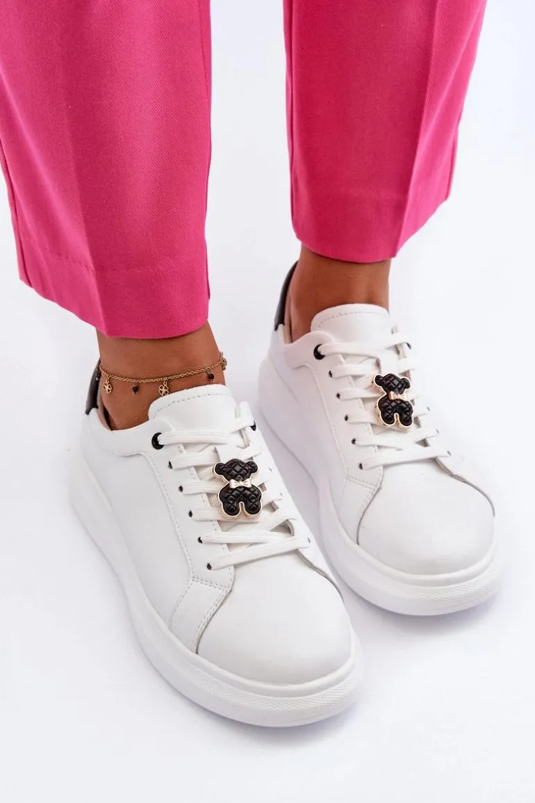 Skórzane Sneakersy Damskie Z Misiem Białe Mirven